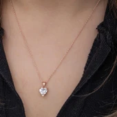 925 Ayar Gümüş Rose Beyaz Taşlı Kalpli Kadın Kolye T8607 thumbnail 3