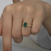 Gümüş Gold Yeşil Baget Taşlı Kadın Yüzük thumbnail 2