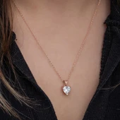 925 Ayar Gümüş Rose Beyaz Taşlı Kalpli Kadın Kolye T8607 thumbnail 4