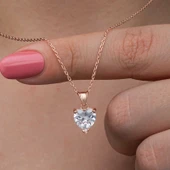 925 Ayar Gümüş Rose Beyaz Taşlı Kalpli Kadın Kolye T8607 thumbnail 1