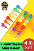 Özel Seri İlkokul Okul Öğrenci Renkli Hafif Eğlenceli Emoji Yüzlü Yumurtlayan Mini Kalem 4'lü Set - 1