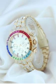 Clariss Trend Gold Metal Kordonlu Zirkon Taş Kaplama Renkli Taşlı Kasa Tasarımlı Lüx Kadın Kol Saati thumbnail 8