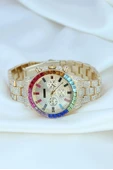 Clariss Trend Gold Metal Kordonlu Zirkon Taş Kaplama Renkli Taşlı Kasa Tasarımlı Lüx Kadın Kol Saati thumbnail 7