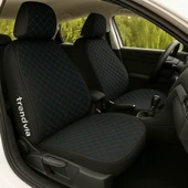 Ön 2'li Mavi Nakışlı Sırt Dayamalı Oto Minderi  Kapitone Kumaş Koltuk Koruyucu - 1