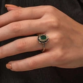Gümüş Yeşil Çiçek Desenli Otantik Kadın Yüzük thumbnail 2