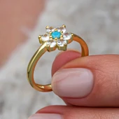 Gümüş Mavi Taşlı Gold Çiçek Kadın Yüzük thumbnail 3