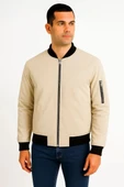 Erkek içi Astarlı Fermuarlı Bomber Mont Ceket - Bej thumbnail 3