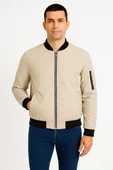 Erkek içi Astarlı Fermuarlı Bomber Mont Ceket - Bej thumbnail 4