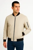 Erkek içi Astarlı Fermuarlı Bomber Mont Ceket - Bej thumbnail 6