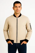 Erkek içi Astarlı Fermuarlı Bomber Mont Ceket - Bej thumbnail 5