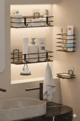 Siyah Yapışkanlı 4’lü Banyo Seti – Duş Rafı, Sabunluk, Diş Fırçalık - Paslanmaz Metal Düzenleyici - 1