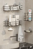 Siyah Yapışkanlı 4’lü Banyo Seti – Duş Rafı, Sabunluk, Diş Fırçalık - Paslanmaz Metal Düzenleyici - 4