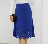 Kadın Yüksek Bel Lazer Kesim Detaylı Midi Ithal Krep Etek - 1