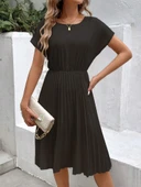 Kadın Kısa Kollu Yakası Açık Belden Lastikli Pileli Kısa Ithal Krep Elbise - 2