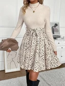 Kadın Uzun Kollu Balıkçı Yaka Belden Bağlamalı üst Kaşkorse Eteği Dalgıç Kısa Elbise - 1