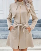 Kadın Uzun Kollu Boyundan Düğmeli Fermuarlı Beli Kuşaklı Süet Ceket - 1