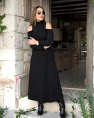 Kadın Balıkçı Yaka Omuzlardan Açık Uzun Kollu Janjan Krep Elbise thumbnail 1