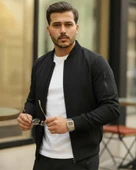 Erkek Içi Astarlı Fermuarlı Bomber Mont Ceket - Siyah - 1