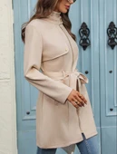 Kadın Uzun Kollu Boyundan Düğmeli Fermuarlı Beli Kuşaklı Süet Ceket - 3