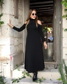 Kadın Balıkçı Yaka Omuzlardan Açık Uzun Kollu Janjan Krep Elbise thumbnail 3