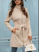 Kadın Uzun Kollu Boyundan Düğmeli Fermuarlı Beli Kuşaklı Süet Ceket - 4