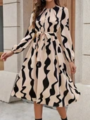 Kadın Uzun Kollu Bisiklet Yaka Belden Bağlamalı Desenli Belden Kuşaklı Mikro Süprem Midi Elbise - 2