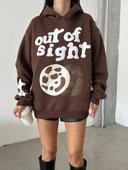 3 iplik şardonlu oversize out of baskılı sweat kahve thumbnail 3