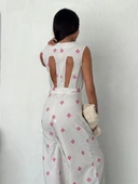 Sırt dekolteli keten beyaz tulum S1036 thumbnail 2