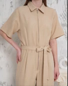 Kuşaklı gömlek yaka salaş tulum bej s255822 - 4