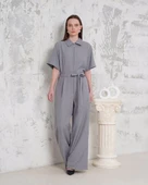 Kuşaklı gömlek yaka salaş tulum gri s255822 - 1