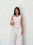 Sırt dekolteli keten beyaz tulum S1036 thumbnail 3