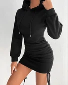 3 iplik şardonlu kapşonlu elbise siyah - 3