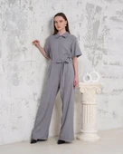 Kuşaklı gömlek yaka salaş tulum gri s255822 - 4