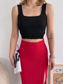 Yırtmaçlı esnek kumaş midi boy etek koyu kırmızı thumbnail 3