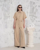 Kuşaklı gömlek yaka salaş tulum bej s255822 - 6