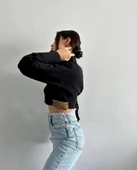 Yanı kemer detaylı crop gömlek siyah s4009 thumbnail 3