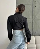 Yanı kemer detaylı crop gömlek siyah s4009 thumbnail 5