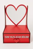 Kişiye Özel İsim Yazılı Ahşap Kırmızı Kalpli Ayna ve Çekmeceli Organizer Kutusu - 7