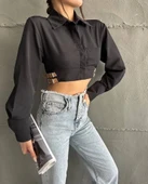 Yanı kemer detaylı crop gömlek siyah s4009 thumbnail 8