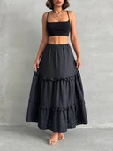 Fırfırlı brodeli astarlı uzun etek siyah s255047 - 6