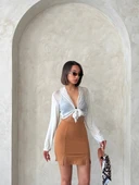 Çift yırtmaçlı etek camel s25910 - 3