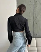 Yanı kemer detaylı crop gömlek siyah s4009 thumbnail 4