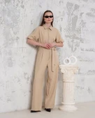 Kuşaklı gömlek yaka salaş tulum bej s255822 - 1