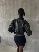 Beli büzgülü crop deri ceket siyah - 2