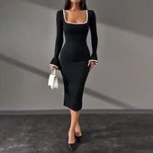 Biyeli midi boy elbise siyah A3718 - 4