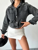 Çift cepli kol katlamalı süper taş enzim yıkama crop kot ceket füme d2000 thumbnail 5