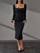 Biyeli midi boy elbise siyah A3718 - 3