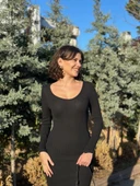 V yaka Uzun kollu midi boy elbise siyah A3154 - 2