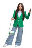 Kız Çocuk Baskılı T-shirt Bol Kesim Yıldız Detaylı Jean Pantolon Yeşil Blazer Ceket Alt Üst Takım - 5