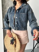 Çift cepli kol katlamalı kar yıkama crop kot ceket kahve tint d2000 thumbnail 7